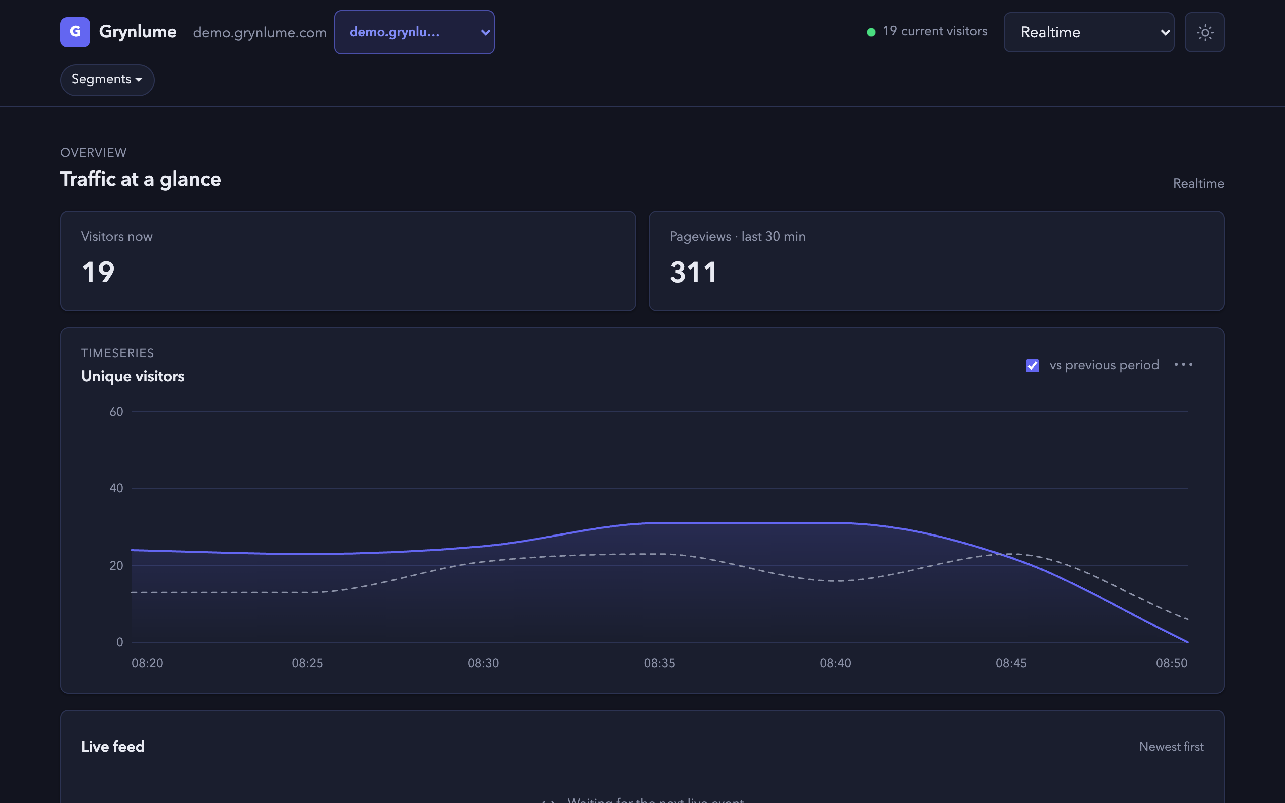 The realtime view with the live visitor count and a stream of recent pages.